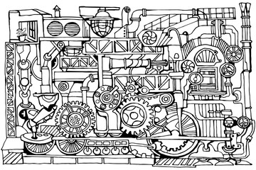 Vector abstract industry or steampunk  black and white background. Technology or factory illustration with decorative industrial sketch elements.  Vintage linear style concept. Hand drawn.