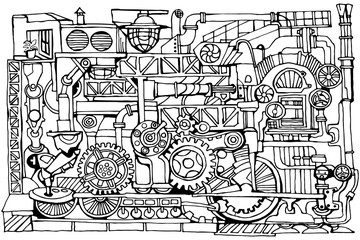 Obraz premium Vector abstract industry or steampunk black and white background. Technology or factory illustration with decorative industrial sketch elements. Vintage linear style concept. Hand drawn.