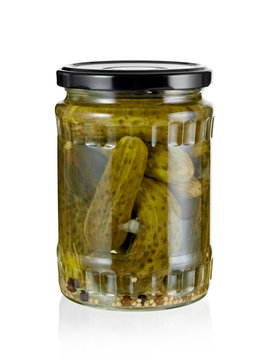 Jar with pickled cucumbers, close up