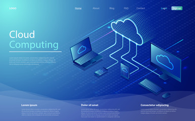 Cloud computing, use network for data transfer, an advertising poster with computer, laptop, smartphone and tablet. Cloud storage concept with data transfer from gadget to gadget via cloud service.