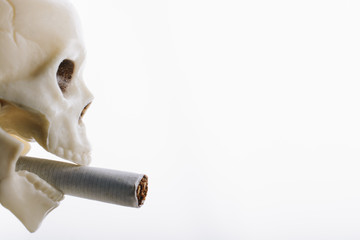 Skeleton figure pose smoking a cigarette. Smoking kills.