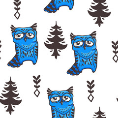 Seamless pattern with cute owls. Funny cartoon characters. Vector ornamental texture in tribal style