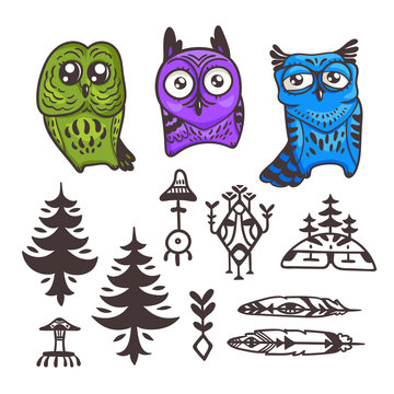 Vector set of funny owls and tribal ornamental floral elements isolated on white. Hand drawn cute illustration with birds
