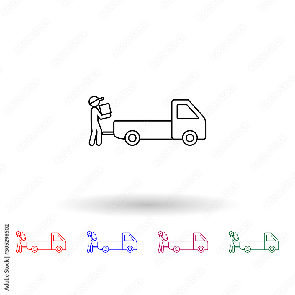 Poster man collects packing boxes in a pickup truck multi color icon. simple thin line, outline vector of l