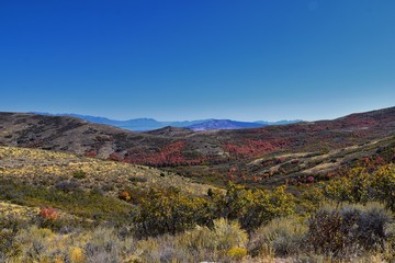 Fototapeta na wymiar Views of Wasatch Front Rocky Mountains from the Oquirrh Mountains with fall leaves, Hiking in Yellow Fork trail and Rose Canyon in Great Salt Lake Valley. Utah, United States.