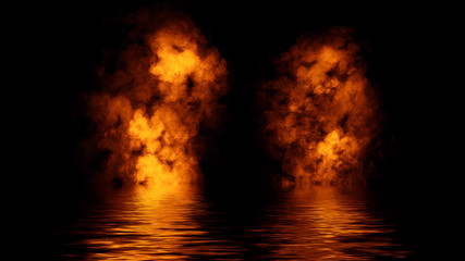 Fire smoke with reflection in water. Texture overlays background