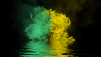 Explosion color green and yellow smoke with water reflection . Isolated black background. Design element.