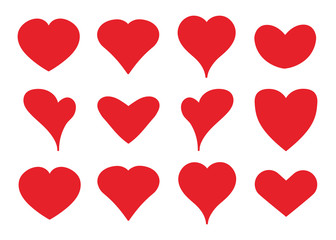 Big set of red hearts of different design on white background. Vector illustration.