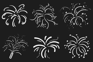 Set of holiday fireworks on isolated black background. Hand drawn explosions. Black and white illustration