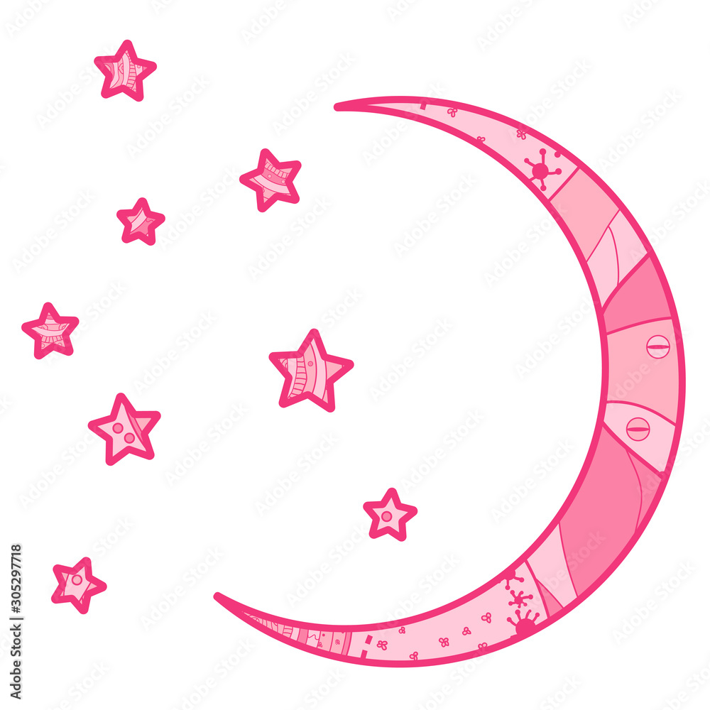 Sticker crescent moon on white. half moon and stars with abstract patterns on isolation background. design f