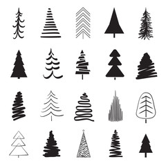 Christmas trees on white. Black and white illustration