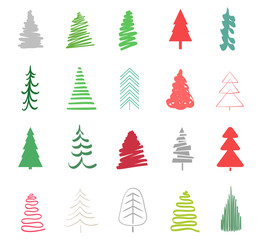 Multicolored christmas trees on white. Hand drawn colored christmas tree