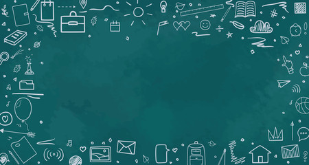 Back to school. Hand drawn pattern with school supplies. Abstract chalkboard