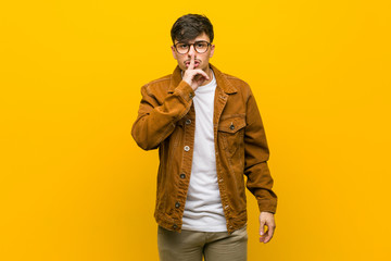 Young hispanic casual man keeping a secret or asking for silence.