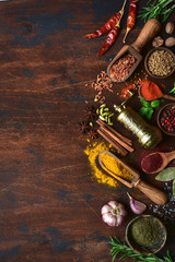 Assortment of spices and herbs. Top view with copy space.