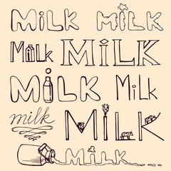 Hand drawn set of milk words. Lettering. Vector.