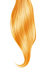 Blond shiny hair on white background, isolated. Long ponytail