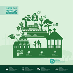 Save the world together green ecology vector illustration.