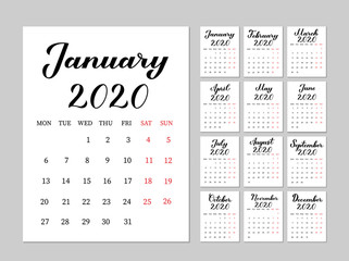 Vector calendar 2020 week starts on Monday with hand written months. Wall calendar typography. Minimalistic design Monthly planner template. Stationery for education, office, and planning a routine.