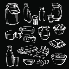 Milk and farm product. Set of hand drawn vector elements on black. Vector dairy products: milk, cheese, butter, yogurt, cheese, sour cream, eggs.