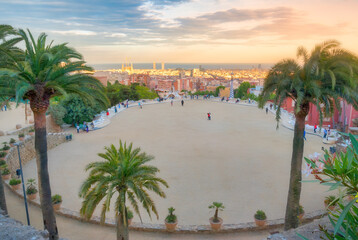 View of Barcelona city from Park Guell at sunset