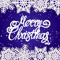 Merry Christmas background. Bright illustration with lettering and snowflakes. Vector.