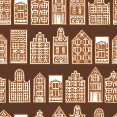 Hand drawn gingerbread houses. Vector  seamless pattern.
