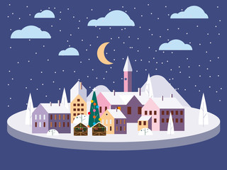 Obraz na płótnie Canvas Urban winter city street with old town houses and trees