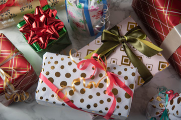 Fototapeta premium pile of wrapped gift boxes, holiday image