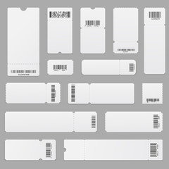 Realistic vector set of blank ticket templates with with barcodes