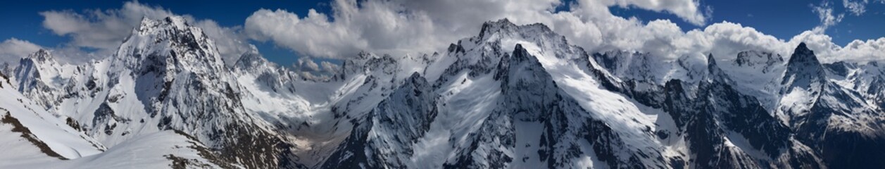 Fototapeta na wymiar Panoramic view of high mountains (Caucasus, Dombai)