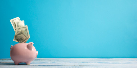 Piggy bank and golden coin. Savings and finance concept