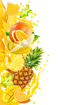 Fresh orange, pineapple, mango, banana fruit juices or smoothie mix liquid 3D splash. Fruits juice mix splashing together with orange, mango, pineapple, banana juice splashes, mixed media