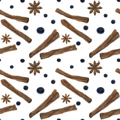 Christmas hot wine spices watercolor seamless pattern