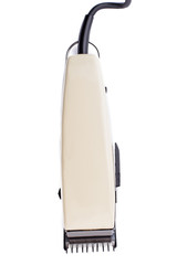 Electric hair and beard trimmer on white background. Electric hair clipper for hair salon.