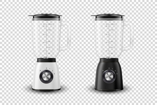 Vector Realistic Electric White and Black Juicer Blender Appliance Set with Glass Container Icon Closeup Isolated on Transparent Background. Design Template, Health Food and Drink Concept