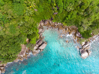 Top down aerial view of a coast line on the tropical island of the Seychelles