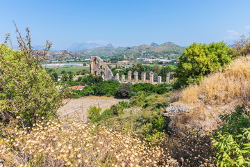 Fototapeta premium Aspendos or Aspendus, an ancient Greco-Roman city in Antalya province of Turkey. The Roman aqueduct