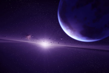 A stream of meteorites near an exoplanet in deep space. Elements of this image furnished by NASA