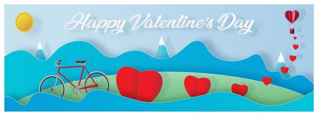 Naklejka premium Valentines day background with hot air balloon, red bicycle and heart shape. Paper art style. Vector illustration