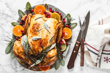 Christmas turkey. Prepeared roasted turkey for festive dinner
