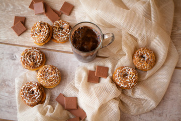 Coffee conceptual background. Sweet dessert. Flat lay image
