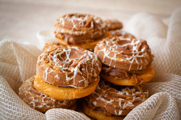 Tasty cookies with caramel and boiled condensed milk, russian cuisine, old wooden table