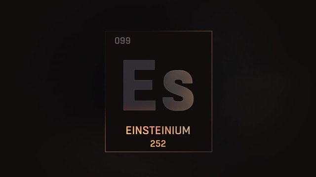 Einsteinium as Element 99 of the Periodic Table. Seamlessly looping 3D animation on grey illuminated atom design background with orbiting electrons. Design shows name, atomic weight and element number