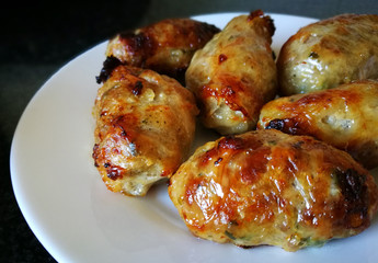 Grilled Sausages on a White Plate. Traditional Cypriot food: Sheftalia : Cypriot Lamb and Pork Sausages.