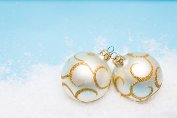 Christmas card with balls for the Christmas tree in the snow, Copy space