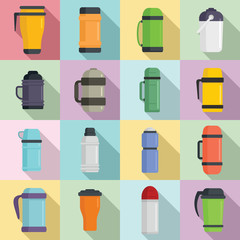 Vacuum insulated water bottle icons set. Flat set of vacuum insulated water bottle vector icons for web design