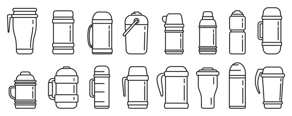 Modern vacuum insulated water bottle icons set. Outline set of modern vacuum insulated water bottle vector icons for web design isolated on white background