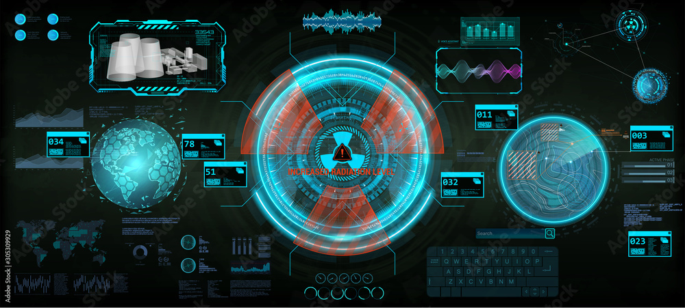 Fototapete Innovation system, HUD dashboard interface for UI, GUI, UX design. Fullcolor futuristic elements set. Nuclear reactor interface, station and control center dashboard. HUD and Sci-fi vector elements.