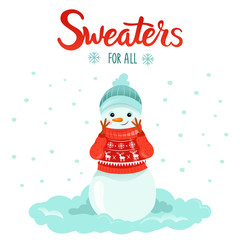 Cute snowman in sweater. Comfort during the cold season. Winter or autumn cartoon illustration with text.